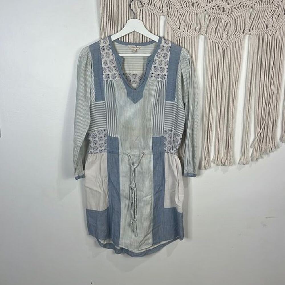 Rebecca Taylor Long Sleeve Cotton Mini Dress Sz 0 Blue/White patchwork Cottage
